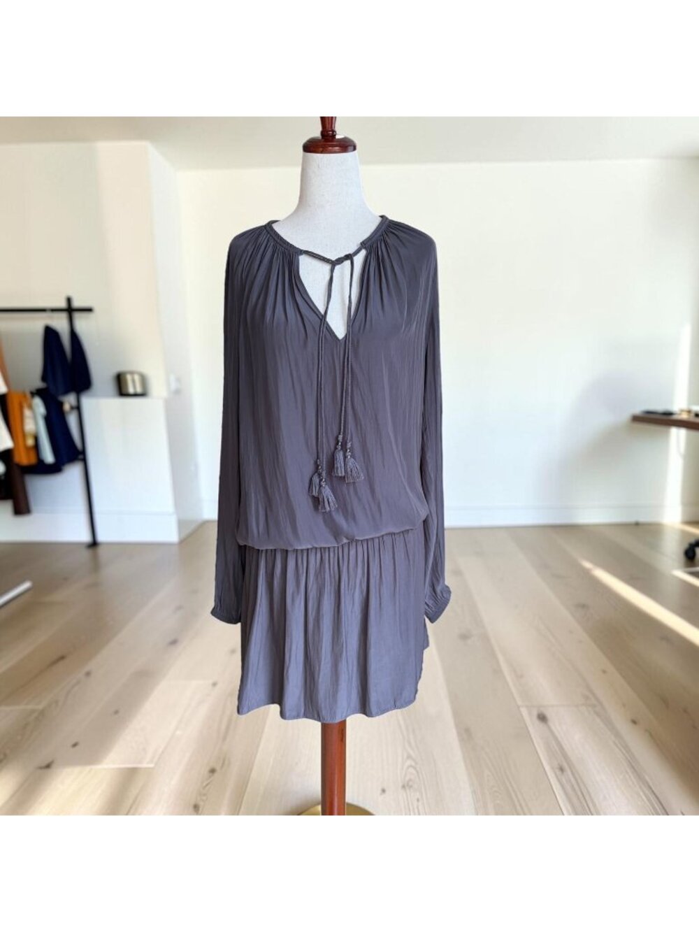 Ramy Brook Paris Dress Small Gray Long Sleeve Tassel Tie Drop Waist Mini